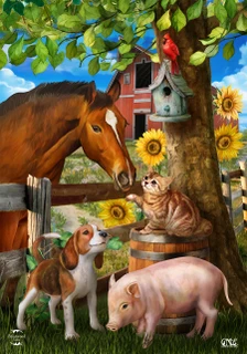 Briarwood Lane farm animals house flag with colorful horses, pigs, dogs, and sunflowers on floral background.
