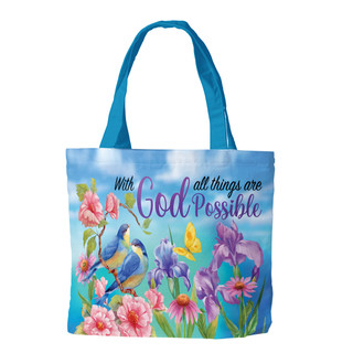 Briarwood Lane With God Religious Canvas Tote Bag with colorful floral, birds, and inspirational quote design.