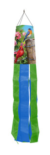 Briarwood Lane Fence Post Birds Spring Windsock with cardinals, bluebirds, goldfinches, and colorful floral design.