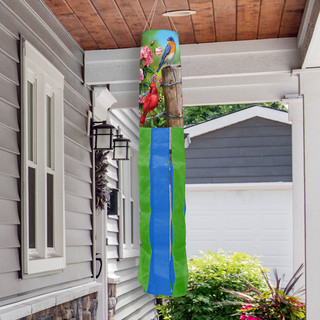 Briarwood Lane Fence Post Birds Spring Windsock with bluebirds, cardinals, goldfinches, and floral roses design.