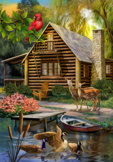 Briarwood Lane Lakeside Cabin House Flag with colorful outdoors scene of deer, ducks, and canoe.