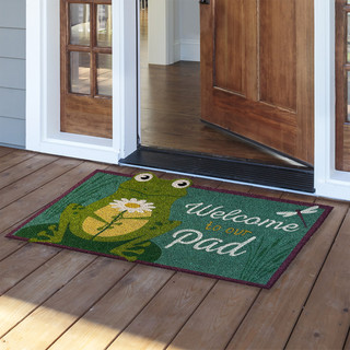 Briarwood Lane small printed coir doormat with colorful frog and daisy design on a porch.