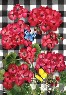 Briarwood Lane Checkered Geraniums Summer Garden Flag with colorful flowers, butterflies, and checkered pattern.