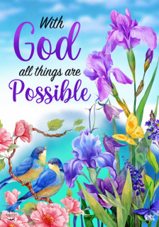 Briarwood Lane With God Religious Garden Flag with colorful flowers, birds, and inspirational springtime message.