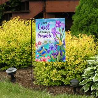 Briarwood Lane With God garden flag with colorful floral design and birds on a garden stand.