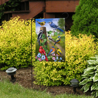 Briarwood Lane garden flag with colorful birds, flowers, and trees for springtime porch and yard decor.