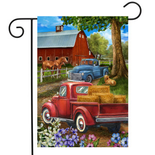 Briarwood Lane Country Lane Spring Garden Flag with colorful spring scene of farm trucks and flowers.