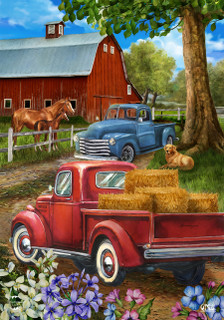 Briarwood Lane Country Lane Spring Garden Flag with colorful springtime farm scene and red vintage truck.