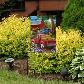 Briarwood Lane Country Lane Spring Garden Flag with colorful farm scene and springtime flowers display.