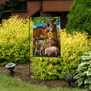 Briarwood Lane farm garden flag with colorful animals and sunflowers for spring and summer porch decor.