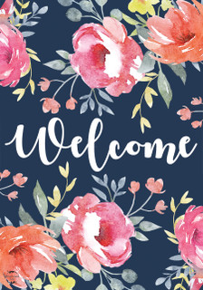 Briarwood Lane Watercolor Floral Spring House Flag with colorful, cheery, printed, decorative flowers and welcome sign.