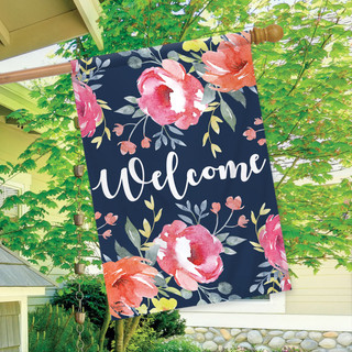 Briarwood Lane small printed welcome house flag with colorful floral spring design on dark background.