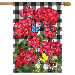 Briarwood Lane checkered garden flag with red geraniums, butterflies, and floral pattern for spring summer porch.