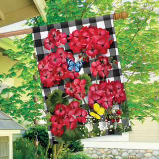 Briarwood Lane checkered garden flag with red geraniums, butterflies, and colorful floral print for spring summer.
