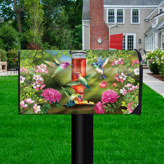 Briarwood Lane Hummingbird Feeder Spring Mailbox Cover with colorful floral, birds, and pink flowers design.