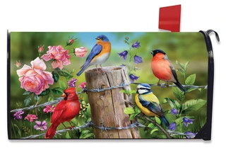 Briarwood Lane Fence Post Birds Spring Mailbox Cover with colorful cardinals, bluebirds, goldfinches, and flowers.