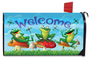 Briarwood Lane Happy Frogs Summer Mailbox Cover with colorful frogs, mushrooms, and dragonflies welcoming spring.