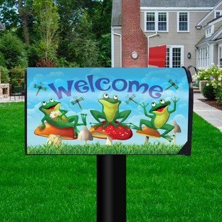 Briarwood Lane Happy Frogs Summer Mailbox Cover with colorful frogs, mushrooms, and dragonflies saying welcome.