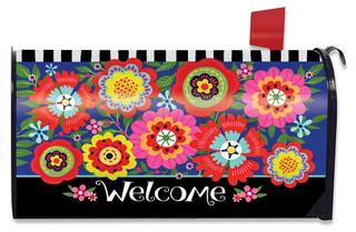 Briarwood Lane Bright Blooms Spring Mailbox Cover with colorful floral design and welcome message.