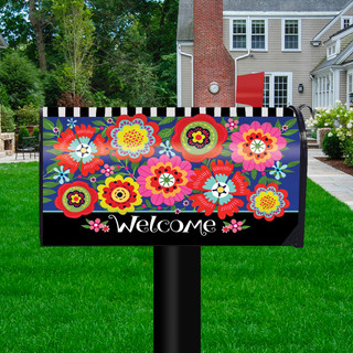 Briarwood Lane Bright Blooms Spring mailbox cover with colorful floral design and welcome message printed.