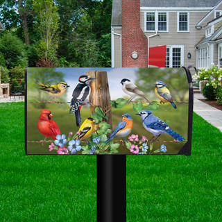 Briarwood Lane Country Birds Spring mailbox cover with colorful birds and flowers on a lawn.