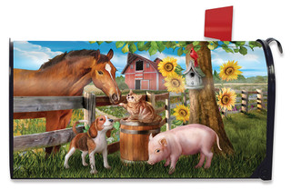 Briarwood Lane Making Friends Farm Animals mailbox cover with colorful farm animals and sunflowers in spring.
