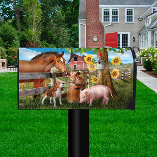Briarwood Lane colorful farm mailbox cover with horses, pigs, dogs, and sunflowers on a springtime farm.