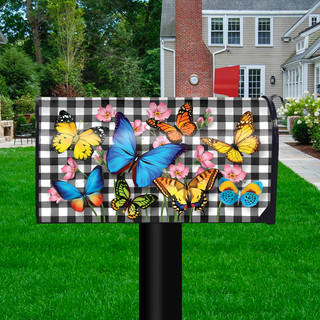 Briarwood Lane large checkered mailbox cover with colorful butterflies and flowers for spring and summer decor.
