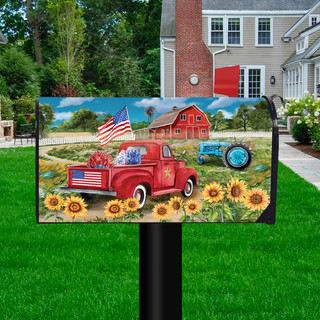 Briarwood Lane patriotic mailbox cover with American truck, sunflowers, and USA flag design in red, white, blue.