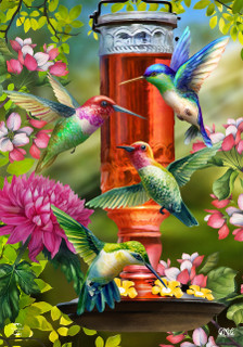 Briarwood Lane Hummingbird Feeder Spring Garden Flag with colorful birds, flowers, and floral springtime design.