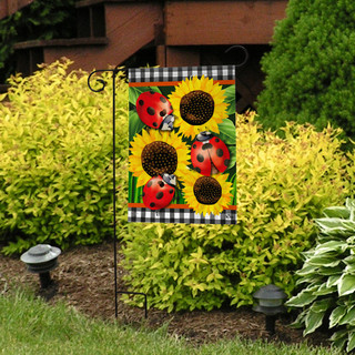 Briarwood Lane small, printed garden flag with ladybugs, sunflowers on checkered background for spring summer porch.