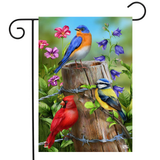 Briarwood Lane Fence Post Birds Spring Garden Flag with cardinals, bluebirds, goldfinches, and colorful flowers.