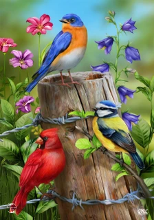 Briarwood Lane Fence Post Flag with colorful birds and flowers, cardinals, bluebirds, goldfinches in spring.
