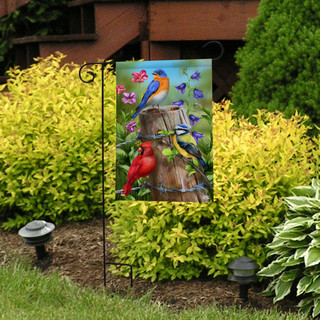 Briarwood Lane Fence Post Flag with colorful birds, flowers, and roses for spring garden display.