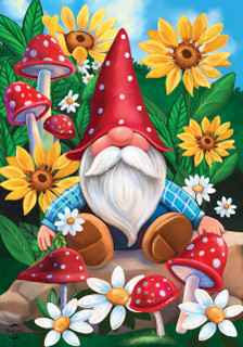 Briarwood Lane Gnome And Garden flag with sunflowers, mushrooms, and flowers for summer porch display.
