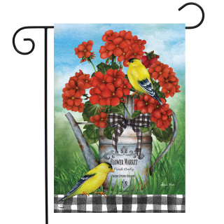Briarwood Lane garden flag with goldfinches, red geranium flowers, and black and white stripes.