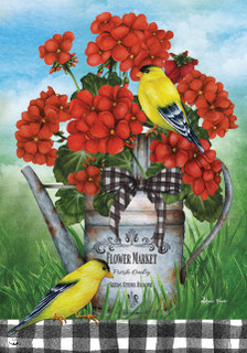 Briarwood Lane Geranium Watering Can Garden Flag with goldfinches and red flowers on a colorful mat.