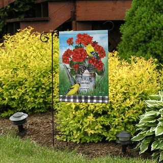 Briarwood Lane garden flag with goldfinches, red flowers, and black and white trim outdoor decor.
