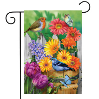 Briarwood Lane garden flag with colorful flowers, tulips and birds on a springtime floral display.