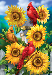 Briarwood Lane small printed garden flag with colorful cardinals, sunflowers, and butterflies on picket fence.