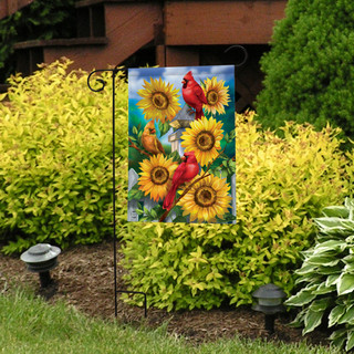 Briarwood Lane small printed garden flag with cardinals, sunflowers, and butterflies on picket fence display.