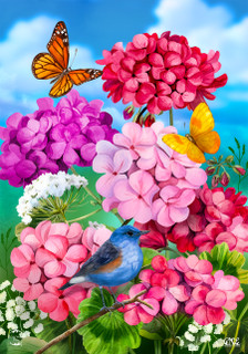 Briarwood Lane Geraniums In Bloom garden flag with colorful flowers, butterflies, and blue jay bird.