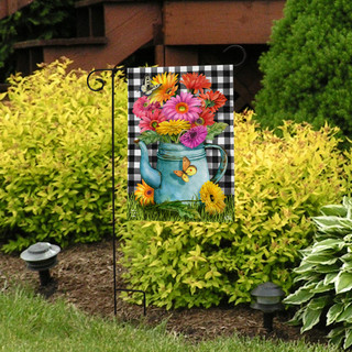 Briarwood Lane Gerber Daisy Watering Can garden flag with colorful flowers, butterflies, and checkered pattern.