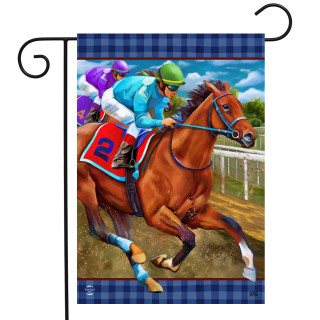 Briarwood Lane garden flag with jockey and horse on racetrack, colorful spring seasonal decorative display.