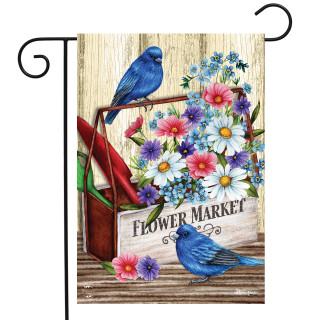 Briarwood Lane spring garden flag with bluebirds, colorful flowers, and toolbox, perfect for porch or yard.