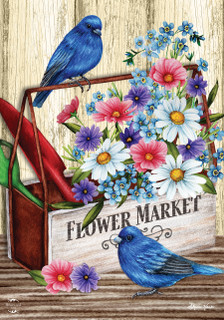 Briarwood Lane spring garden flag with colorful flowers, bluebirds, and rustic toolbox on a wooden background.