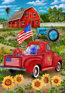 Red Briarwood Lane Land of the Free Garden Flag with patriotic truck and floral design.