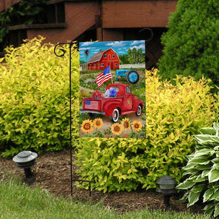 Briarwood Lane Land of the Free Garden Flag with red truck, sunflowers, and American flag design.