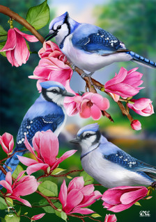 Briarwood Lane Blue Jay Trio Spring Garden Flag with pink flowers and blue birds outdoor display.