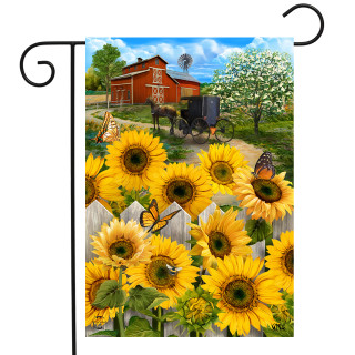 Briarwood Lane Country Sunflowers Summer Garden Flag with barn, buggy, and colorful floral design.